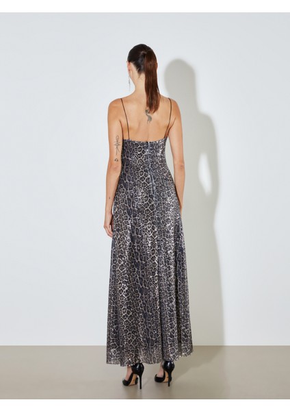 V Yaka Leopar Desenli Pullu Elbise indirimleri