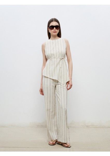 Beli Lastikli Çizgili Keten Görünümlü Kadın Pantolon