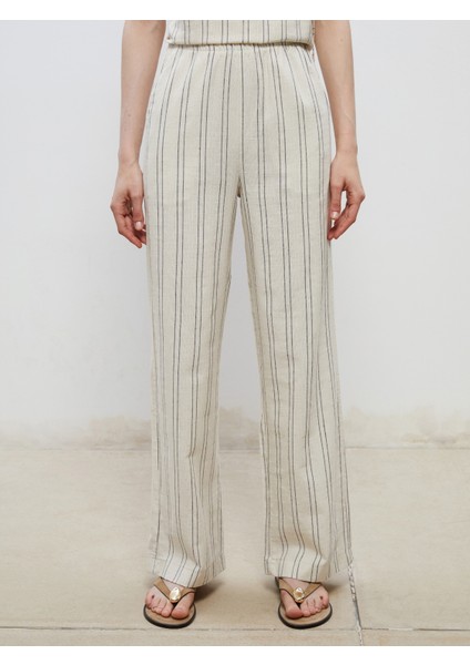 Beli Lastikli Çizgili Keten Görünümlü Kadın Pantolon fiyatları