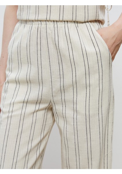 Beli Lastikli Çizgili Keten Görünümlü Kadın Pantolon modelleri