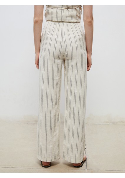 Beli Lastikli Çizgili Keten Görünümlü Kadın Pantolon fırsatları