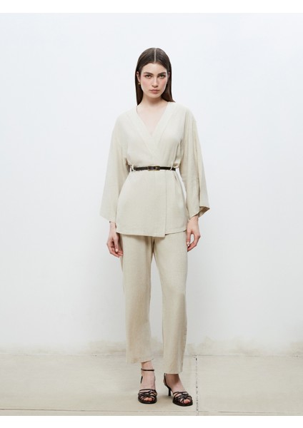 Beli Lastikli Keten Görünümlü Kadın Pantolon