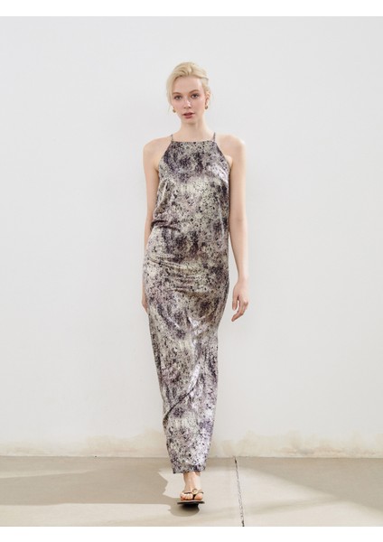 Halter Yaka Desenli Askılı Elbise