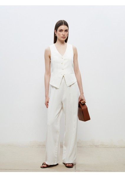 Beli Lastikli Çizgili Keten Görünümlü Kadın Pantolon