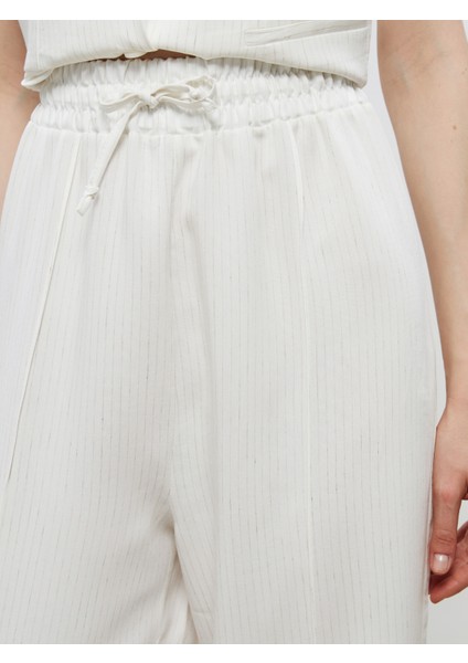 Beli Lastikli Çizgili Keten Görünümlü Kadın Pantolon modelleri