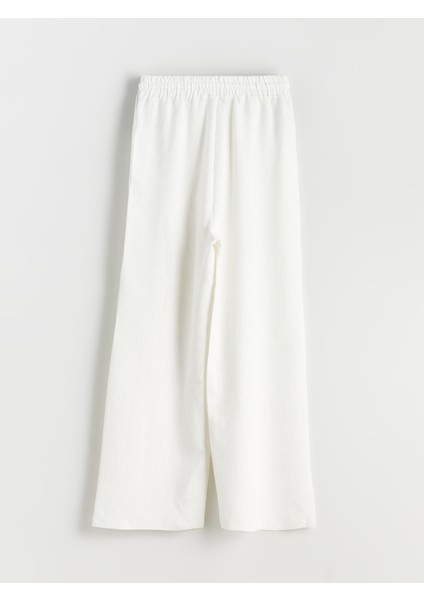 Beli Lastikli Çizgili Keten Görünümlü Kadın Pantolon