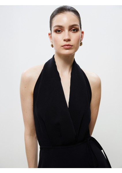 Halter Yaka Kuşaklı Saten Elbise modelleri