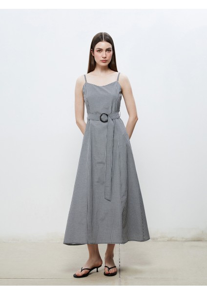 Kalp Yaka Ekose Askılı A Kesim Elbise