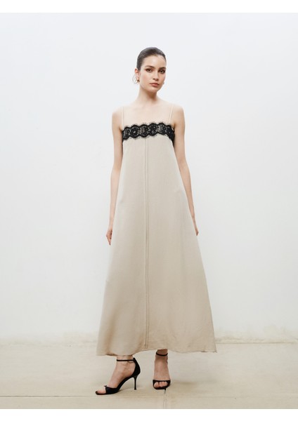 Kare Yaka Keten Karışımlı Askılı Elbise