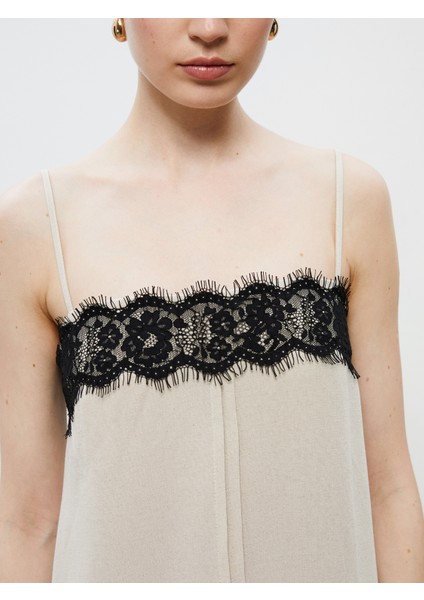 Kare Yaka Keten Karışımlı Askılı Elbise modelleri