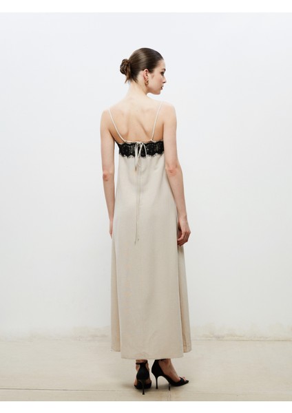 Kare Yaka Keten Karışımlı Askılı Elbise fırsatları