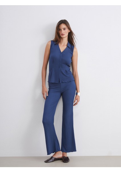 Beli Lastikli Dokulu Ispanyol Paça Kadın Pantolon