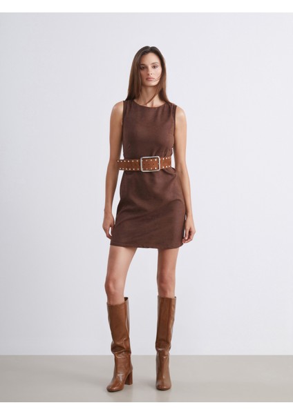 Bisiklet Yaka Süet Mini Elbise