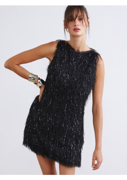 Bisiklet Yaka Tüylü Mini Triko Elbise