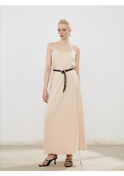 U Yaka Askılı Krep Elbise