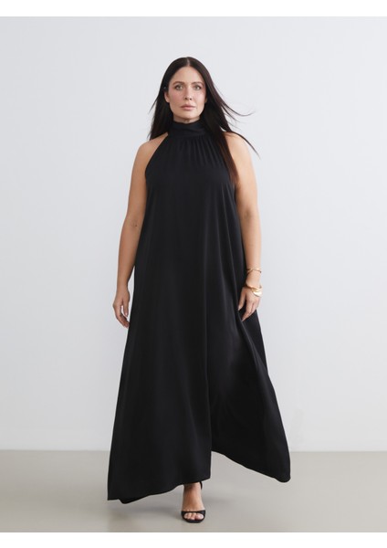 Büyük Beden Halter Yaka Büzgülü Elbise