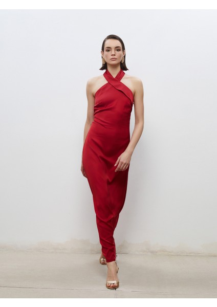 Halter Yaka Saten Abiye Elbise