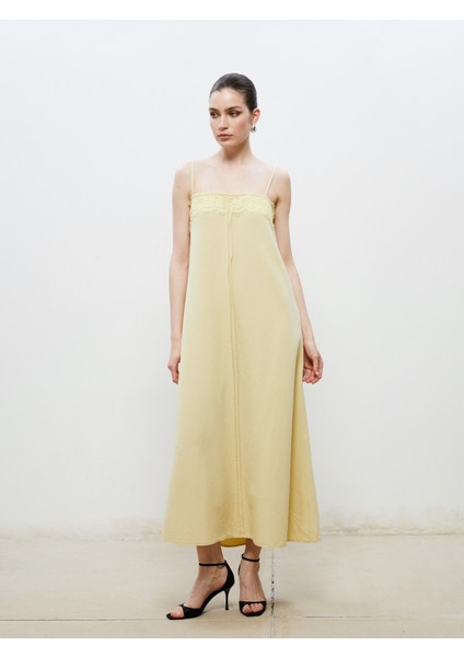 Kare Yaka Keten Karışımlı Askılı Elbise