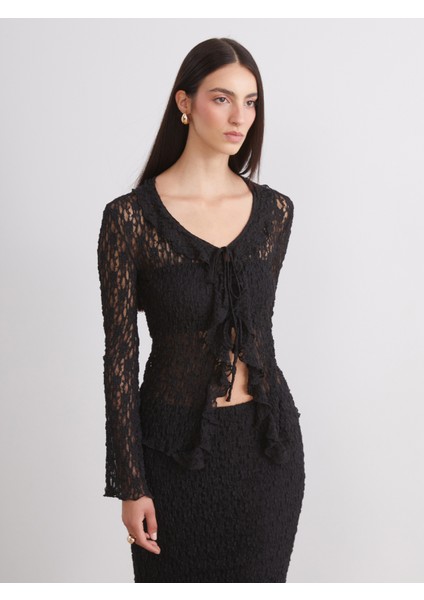 Bağlamalı Yaka Ajurlu Dantelli Kadın Hırka fiyatları