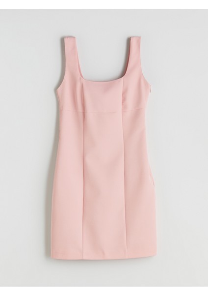 Kare Yaka Krep Mini Elbise