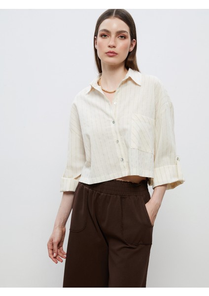Çizgili Keten Karışımlı Crop Kadın Gömlek