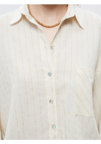 Çizgili Keten Karışımlı Crop Kadın Gömlek modelleri