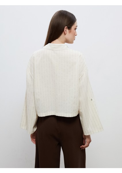 Çizgili Keten Karışımlı Crop Kadın Gömlek fırsatları