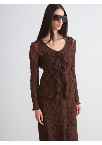 Bağlamalı Yaka Ajurlu Dantelli Kadın Hırka