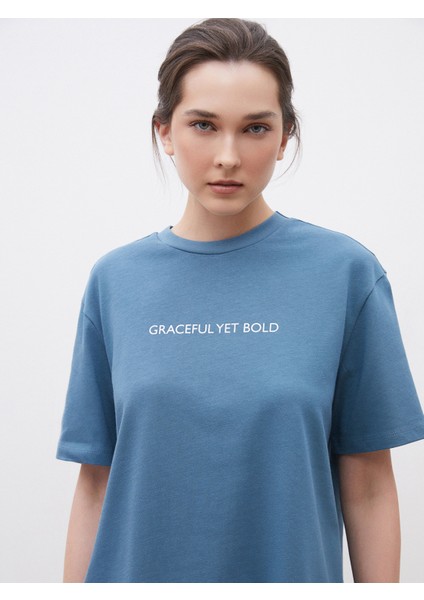 Bisiklet Yaka Baskılı Oversize Kadın Tişört