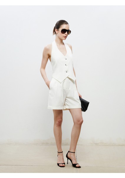 Loose Fit Keten Görünümlü Kadın Şort