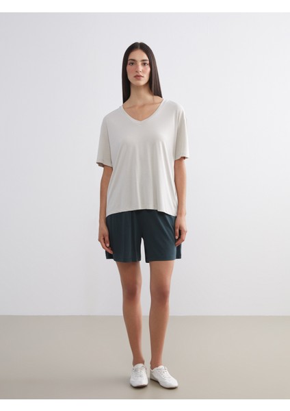 V Yaka Modal Karışımlı Oversize Kadın Tişört fiyatları