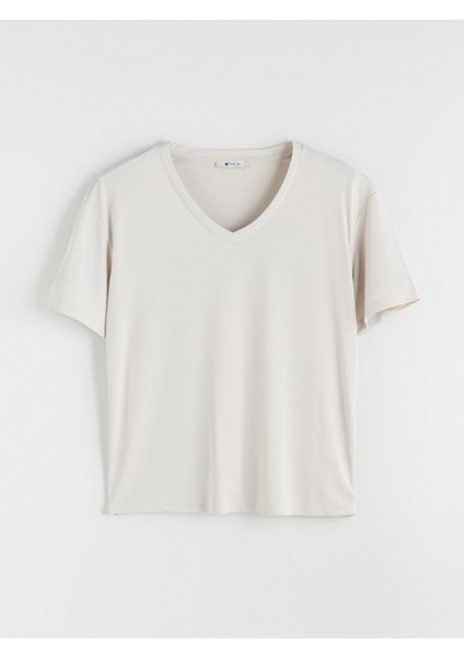 V Yaka Modal Karışımlı Oversize Kadın Tişört indirimleri