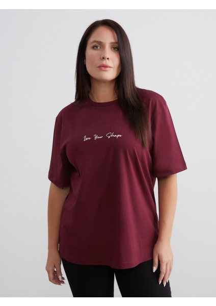 Büyük Beden Bisiklet Yaka Baskılı Kadın Tişört