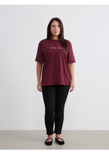 Büyük Beden Bisiklet Yaka Baskılı Kadın Tişört fiyatları