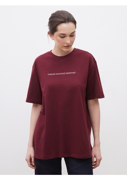 Bisiklet Yaka Baskılı Oversize Kadın Tişört