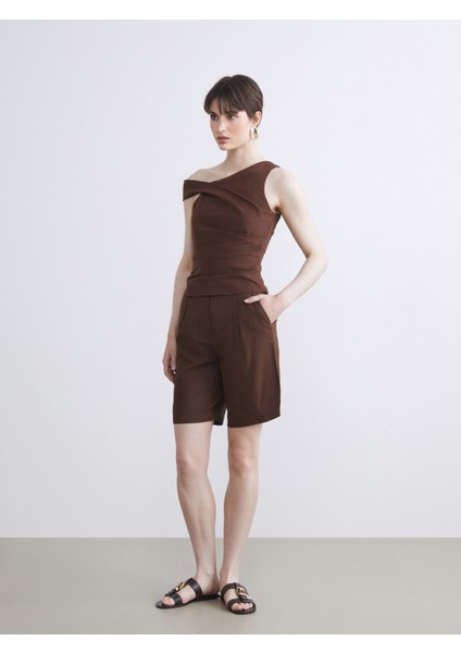 Loose Fit Keten Karışımlı Kadın Pileli Şort