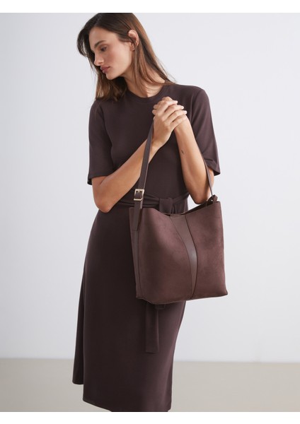 Süet Görünümlü Kadın Omuz Çantası ve Cüzdan