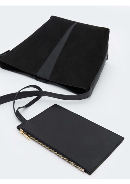 Süet Görünümlü Kadın Omuz Çantası ve Cüzdan