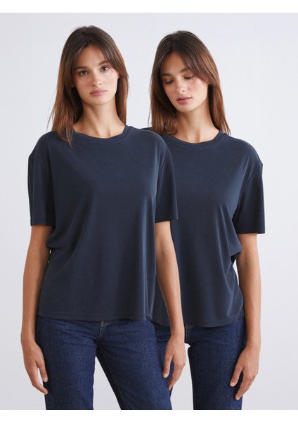 Bisiklet Yaka Modal Karışımlı Kadın Tişört 2'li
