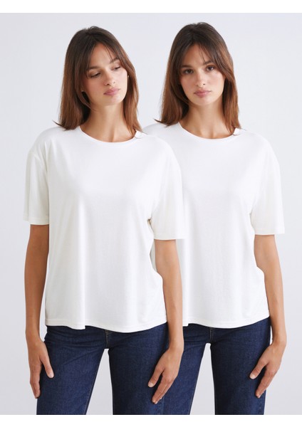 Bisiklet Yaka Modal Karışımlı Kadın Tişört 2'li