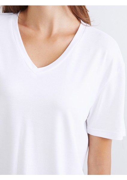 V Yaka Modal Karışımlı Kadın Tişört 2'li indirimleri