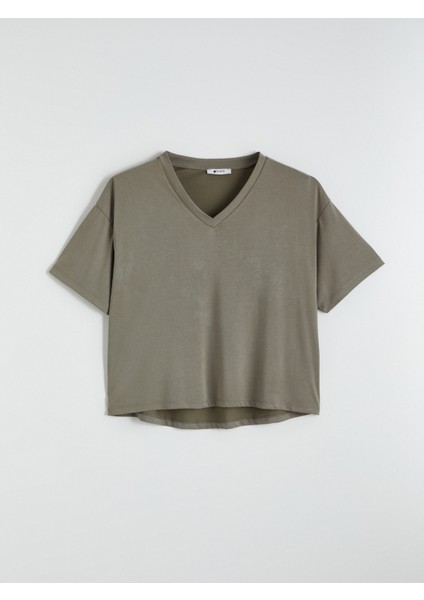 V Yaka Modal Karışımlı Kadın Tişört