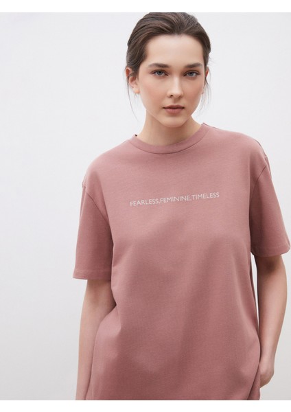 Bisiklet Yaka Baskılı Oversize Kadın Tişört