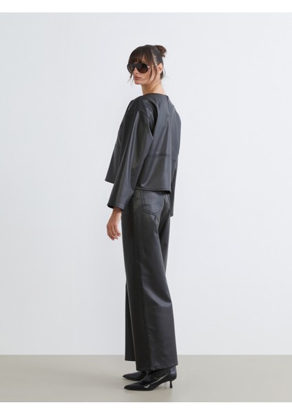 Loose Fit Kadın Deri Görünümlü Pantolon