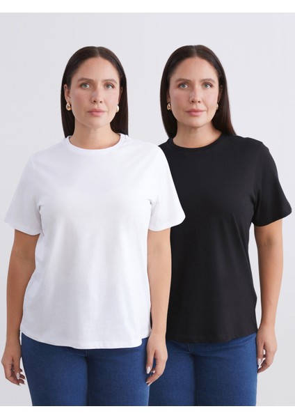 Büyük Beden Bisiklet Yaka Kadın Tişört 2'li