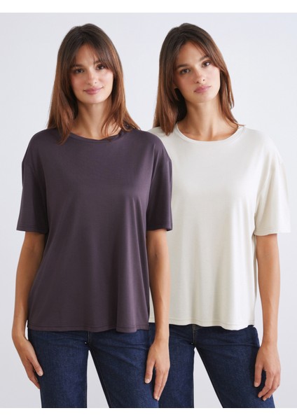 Bisiklet Yaka Modal Karışımlı Kadın Tişört 2'li