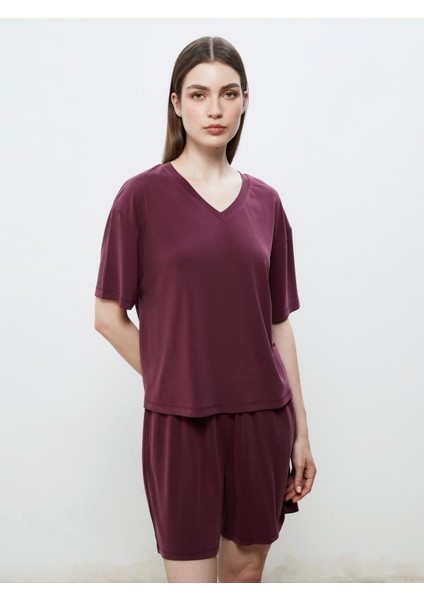 V Yaka Modal Karışımlı Oversize Kadın Tişört