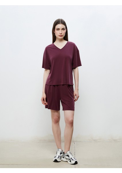 V Yaka Modal Karışımlı Oversize Kadın Tişört fiyatları