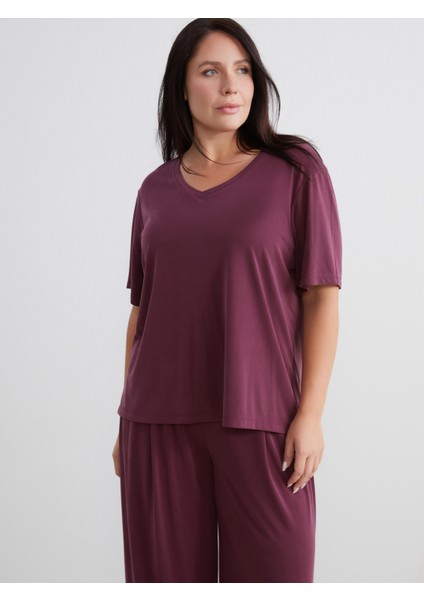 Büyük Beden V Yaka Modal Karışımlı Kadın Tişört