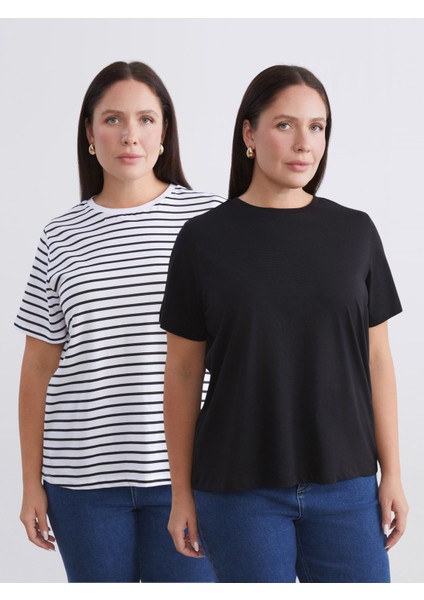 Büyük Beden Çizgili Kadın Tişört 2'li